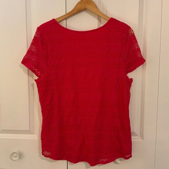 Leo & Nicole Pink Crochet Lace Overlay Short Sleeve Top XL - Picture 6 of 10
